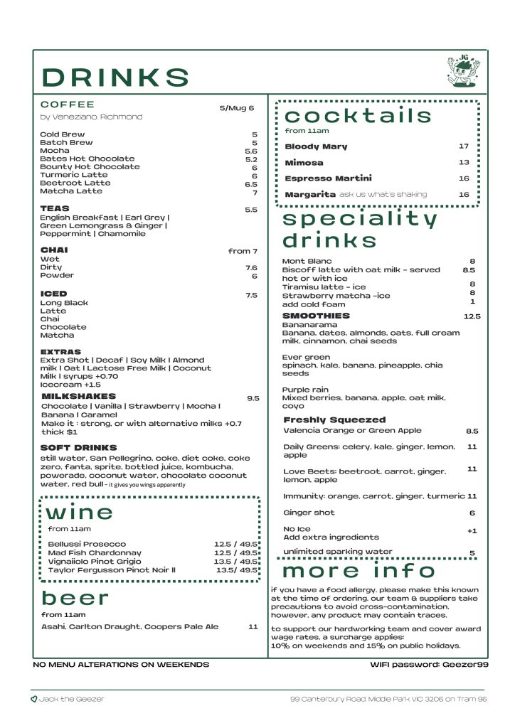Jack the Geezer Drinks Menu 2026